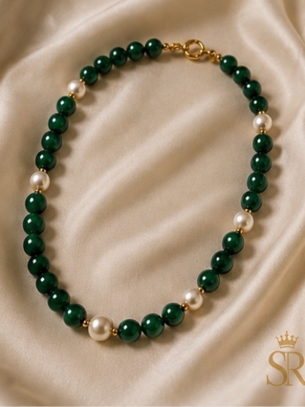 Green Beaded Necklace and Drop Earrings Set with Gold Accents